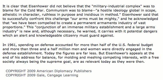 Eisenhower Farewell Address, American Diplomacy, Michael Hornblow Associate Editor