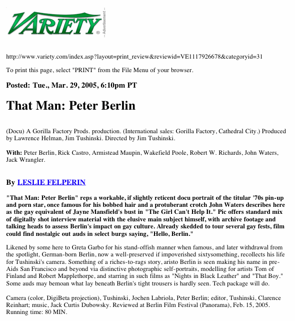 Variety Review of That Man Peter Berlin