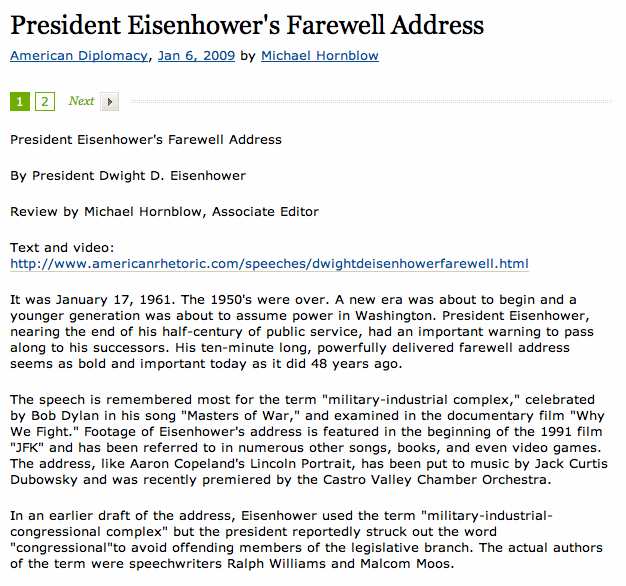 Eisenhower Farewell Address, American Diplomacy, Michael Hornblow Associate Editor