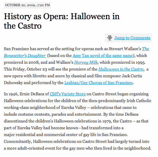 San Francisco History Blog write up of Halloween in the Castro Opera